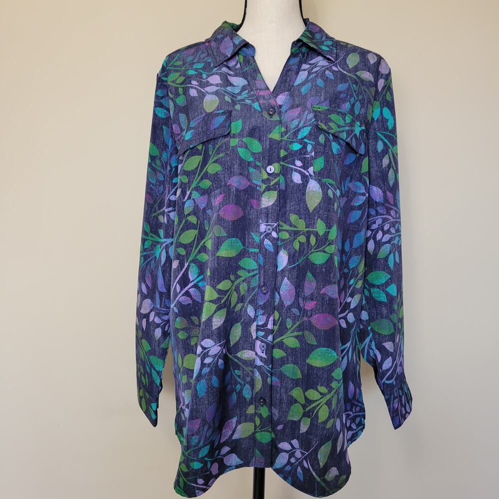 D&Co Size L Button Front Collared Long Roll Tab Sleeve Blouse Blue Leaf Print